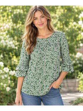 Well Worn Floral Green Blouse With 3/4 Ruffle Sleeves M Recycled Polyester